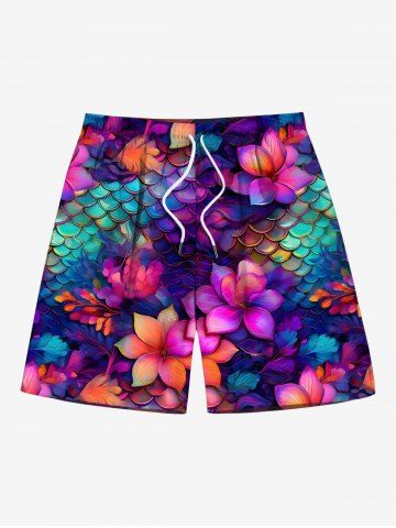 Plus Size Ombre Flower Mermaid Scale Print Hawaii Drawstring Pocket Beach Shorts For Men - NAVY BLUE - 4XL