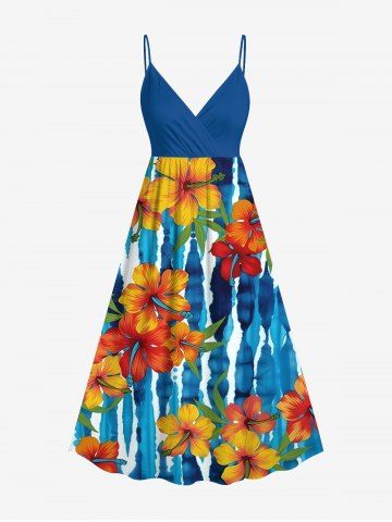 Plus Size Tropical Leaf Hibiscus Flower Watercolor Striped Print Hawaii Surplice A Line Cami Dress - SKY BLUE - L