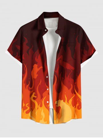 Plus Size Ombre Fire Flame Print Button Pocket Shirt For Men - RED - 4XL