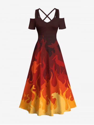 Plus Size Ombre Fire Flame Print Cold Shoulder Crisscross A Line Maxi Dress - RED - 5X