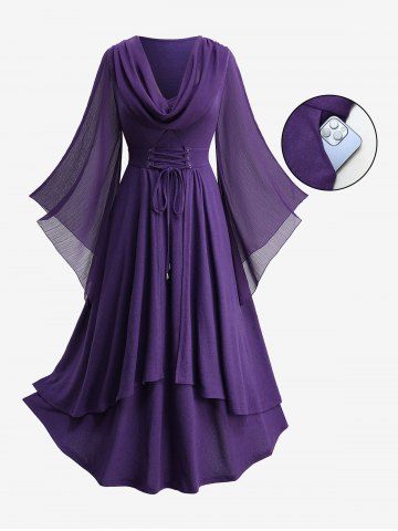 Plus Size Grommets Lace Up Mesh Flare Sleeves Cowl Neck Layered Dress - PURPLE - L | US 12