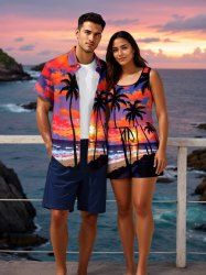 Matching Hawaii Shirt and Romper Plus Size Beach Outfit Coconut Tree Cloud Sun Seascape Printed for Couples -  