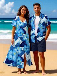 Tropical Leaf Hibiscus Flower Print Plus Size Matching Hawaii Beach Outfit For Couples -  