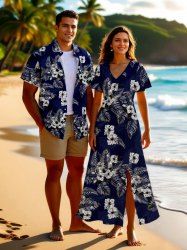 Hibiscus Flowers Tropical Leaf Print Plus Size Matching Hawaii Beach Outfit For Couples -  