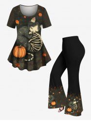 Skeleton Cat Pumpkin Leaf Print Halloween Women T-shirt and Flare Pants Plus Size Matching Set -  