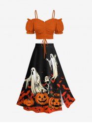 Solid Cinched Top and Pumpkin Ghost Bat Tree Print Halloween Split A Line Skirt Plus Size Matching Set -  