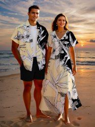Tenue de plage hawaïenne assortie grande taille, motif feuilles tropicales, hibiscus, branches, papillons, pour couples - Blanc de Crème  
