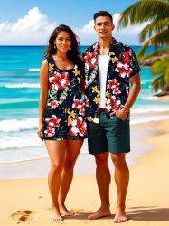 Matching Hawaii Shirt and Romper Plus Size Beach Outfit Tropical Leaf Hibiscus Flower Print For Couples -  