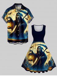 Tenue assortie grande taille pour couples, motif chauve-souris fantôme et lune d'Halloween - Noir 