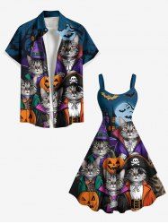 Halloween Pumpkin Cat Pirate Bat Moon Print Plus Size Matching Outfit For Couples -  