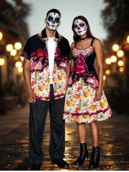 Halloween Skulls Flowers Lace Up Cape 3D Print Plus Size Matching Outfit For Couples -  