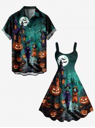 Halloween Pumpkin Skull Ghost Moon Bat Print Plus Size Matching Outfit For Couples -  
