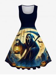 Plus Size Halloween Moon Ghost Bat Print 1950s Vintage Dress -  