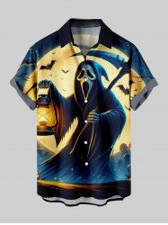 Plus Size Halloween Moon Ghost Bat Print Buttons Pocket Shirt For Men -  