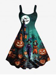 Plus Size Halloween Pumpkin Skull Ghost Moon Bat Print Tank Dress -  