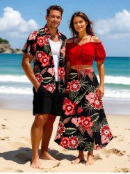 Tenue de plage hawaïenne assortie grande taille à imprimé feuilles tropicales et fleurs d'hibiscus pour couples - Rouge 