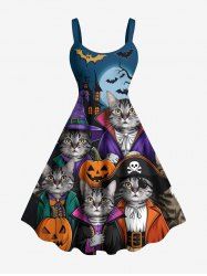 Plus Size Halloween Pumpkin Cat Pirate Bat Moon Print Tank Dress -  