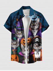 Plus Size Halloween Pumpkin Cat Pirate Bat Moon Print Buttons Pocket Shirt For Men -  