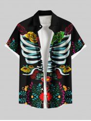 Plus Size Halloween Skeleton Flowers Leaf Print Buttons Pocket Shirt For Men -  