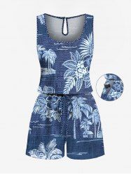 Combinaison hawaïenne cintrée grande taille à imprimé feuilles de cocotier et fleurs d'hibiscus - Bleu de Minuit 6X