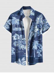 Chemise hawaïenne grande taille à imprimé cocotier, fleurs d'hibiscus et feuilles, boutons et poches pour homme - Bleu Ciel 5XL