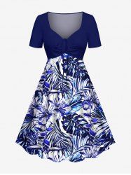 Robe hawaïenne cintrée grande taille à imprimé feuilles tropicales et fleurs d'hibiscus - Bleu Marine XXS