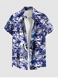 Chemise hawaïenne grande taille à imprimé feuilles d'hibiscus et feuilles tropicales, avec poches et boutons, pour homme - Bleu Ciel 2XL