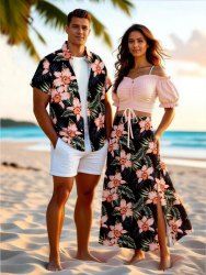 Tropical Leaf Hibiscus Flower Print Plus Size Matching Hawaii Beach Outfit For Couples -  