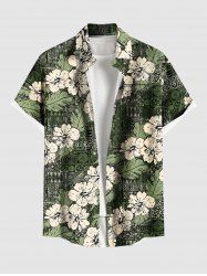 Plus Size Hibiscus Flowers Leaf Scarf Print Buttons Pocket Hawaii Shirt For Men -  