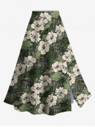 Plus Size Hibiscus Flowers Leaf Scarf Print Split Hawaii Skirt -  