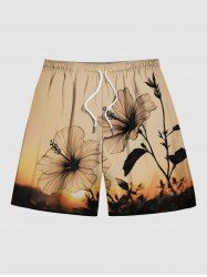 Short de plage grande taille à imprimé coucher de soleil ombré et fleurs d'hibiscus pour homme, avec cordon de serrage et poches - Abricot 3XL