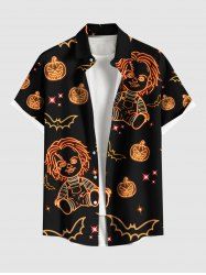 Plus Size Glitter Neon Pumpkin Bat Doll Star Galaxy Print Halloween Button Pocket Shirt For Men -  