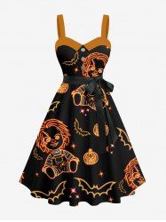 Plus Size Glitter Neon Pumpkin Bat Doll Star Galaxy Print Halloween Button A Line Dress with Removable Belt -  