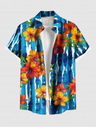Plus Size Tropical Leaf Hibiscus Flower Watercolor Striped Print Hawaii Button Pocket Shirt For Men -  