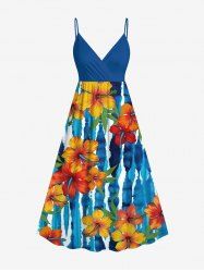 Plus Size Tropical Leaf Hibiscus Flower Watercolor Striped Print Hawaii Surplice A Line Cami Dress -  