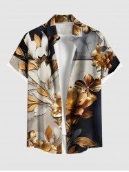 Plus Size Flower Leaf Colorblock Print Hawaii Button Pocket Shirt For Men -  