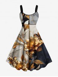 Plus Size Flower Leaf Colorblock Print Hawaii A Line Tank Dress -  