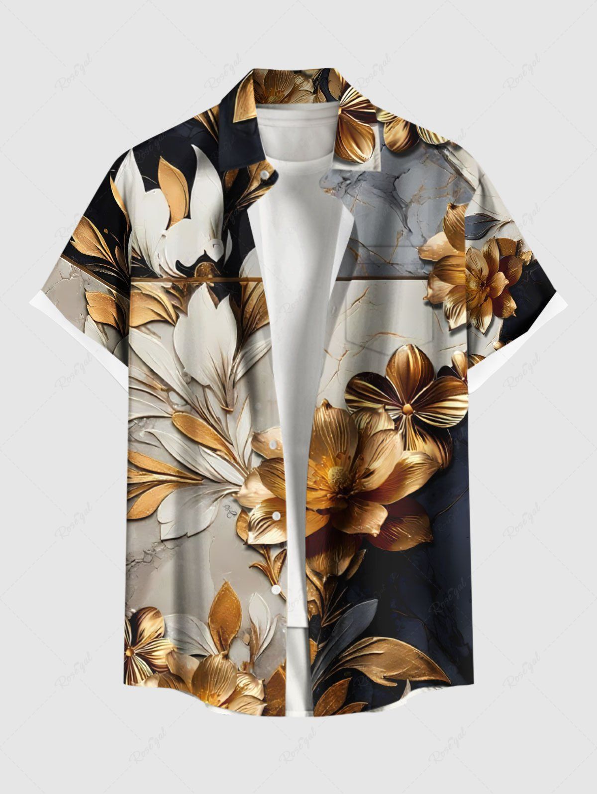 Chemise hawaïenne grande taille à imprimé floral et feuilles colorblock avec poches boutonnées pour homme Gris Clair 2XL