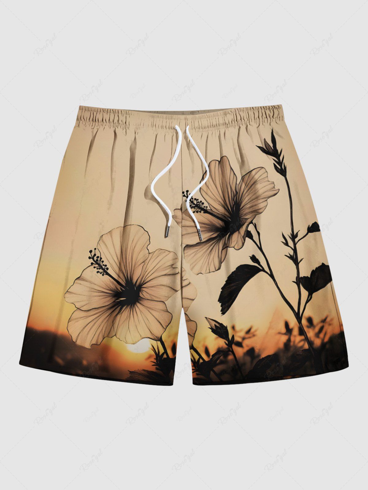 Best Plus Size Hibiscus Flower Ombre Sunset Print Hawaii Drawstring Pocket Beach Shorts For Men  