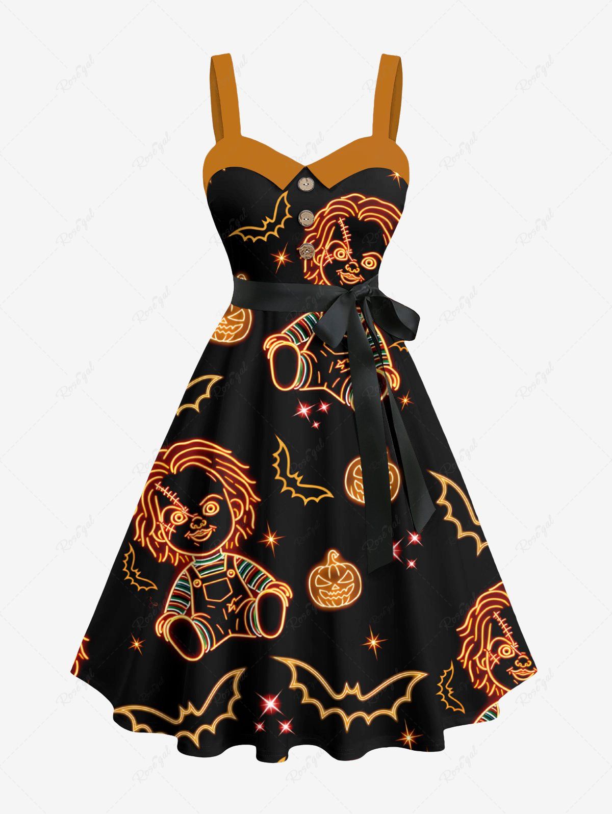 Shop Plus Size Glitter Neon Pumpkin Bat Doll Star Galaxy Print Halloween Button A Line Dress with Removable Belt  