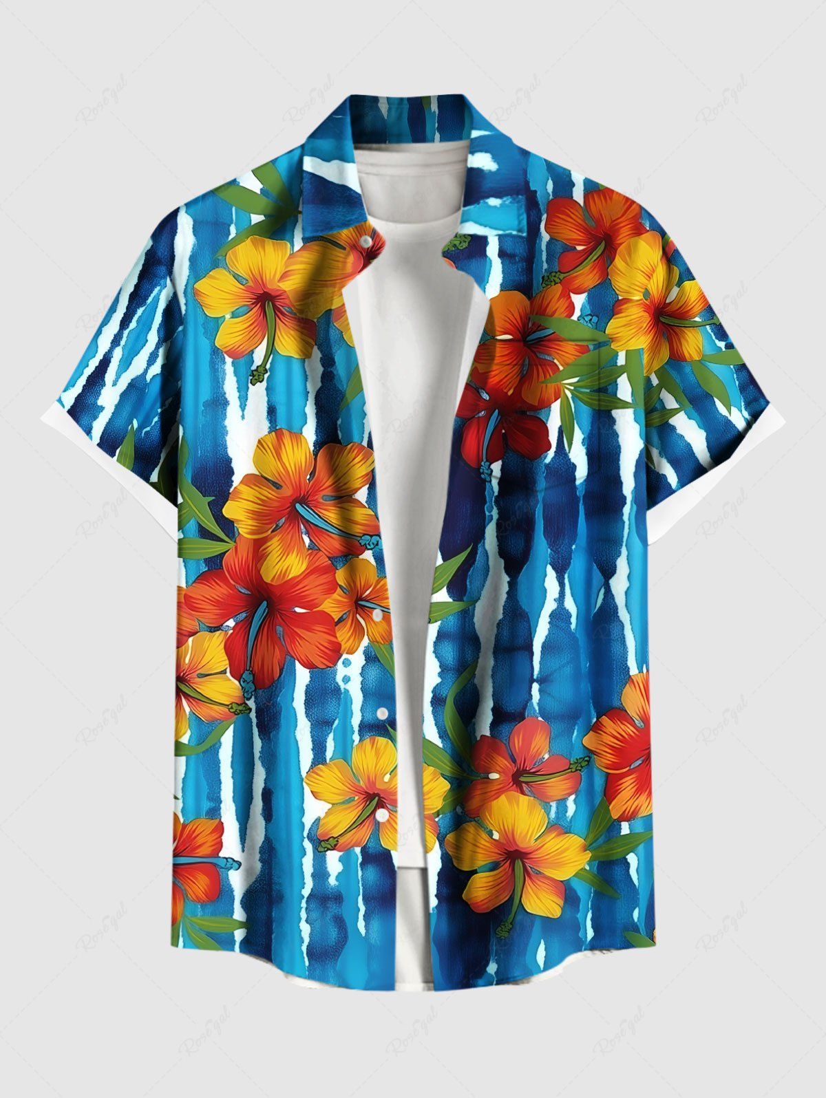 Shop Plus Size Tropical Leaf Hibiscus Flower Watercolor Striped Print Hawaii Button Pocket Shirt For Men  