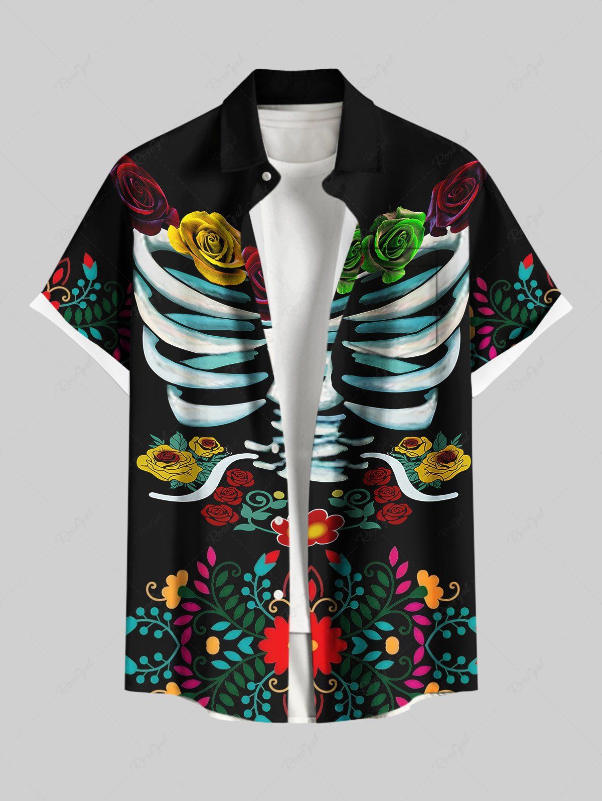 Latest Plus Size Halloween Skeleton Flowers Leaf Print Buttons Pocket Shirt For Men  