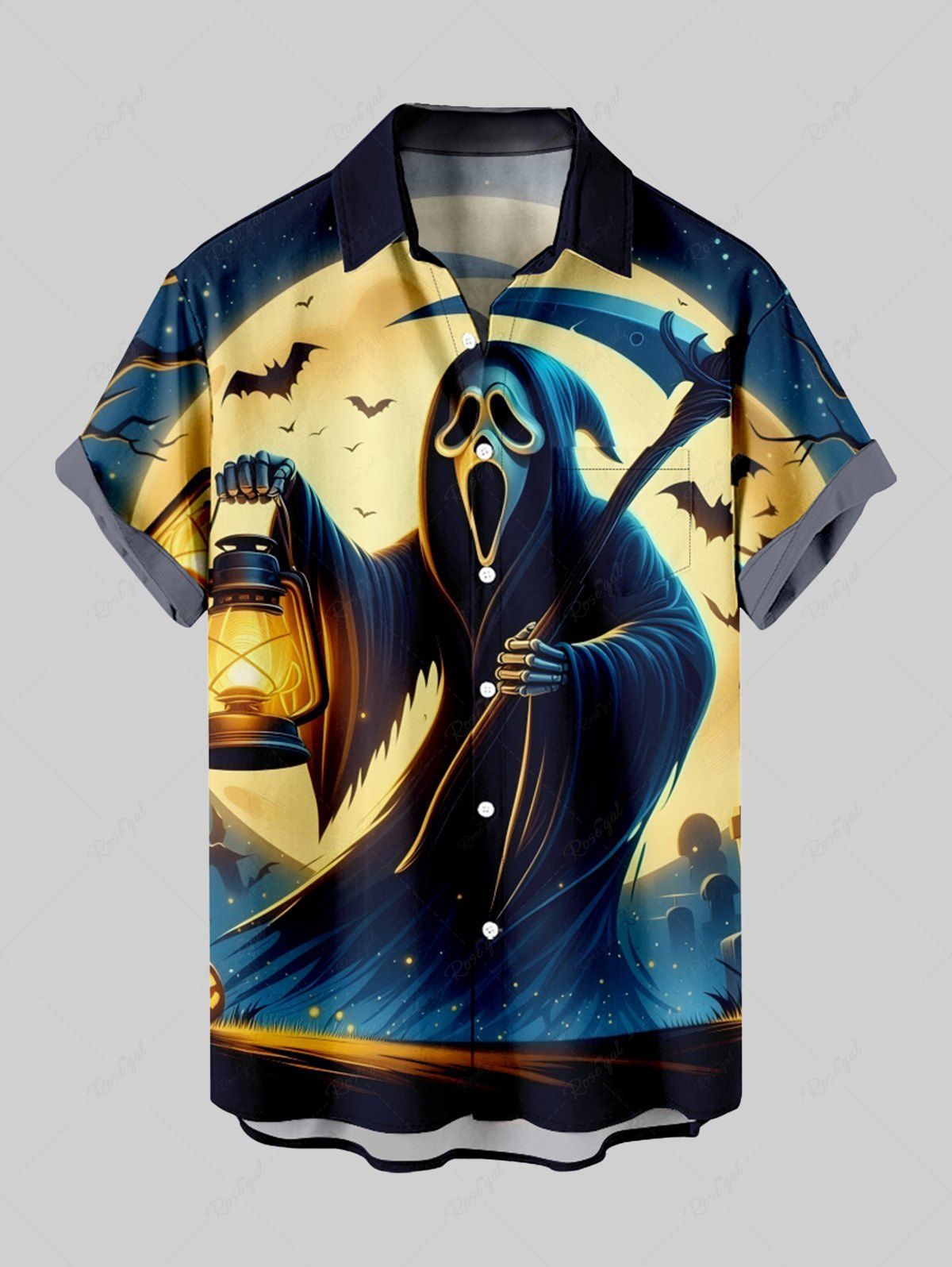 Chemise grande taille à boutons et poches pour homme, motif Halloween, lune, fantôme, chauve-souris Noir L