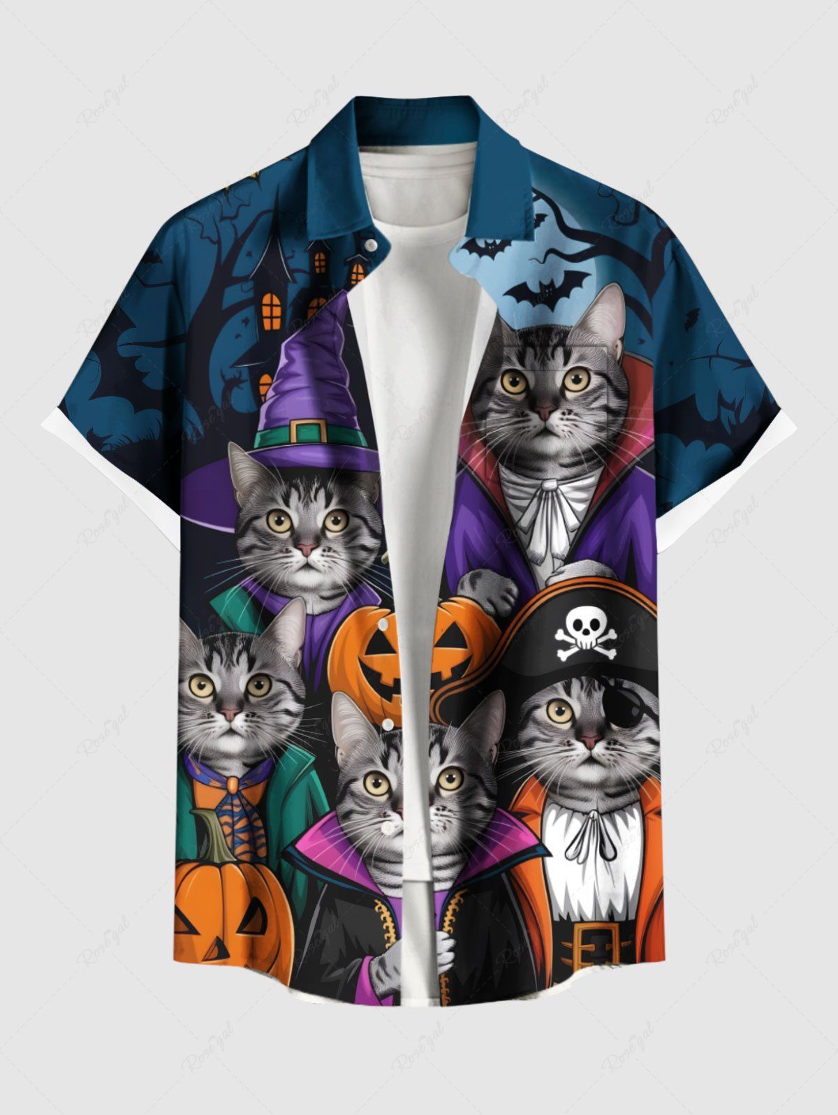 Chemise grande taille à boutons et poches pour homme, motif citrouille, chat, pirate, chauve-souris, lune, Halloween Multi-A 4XL