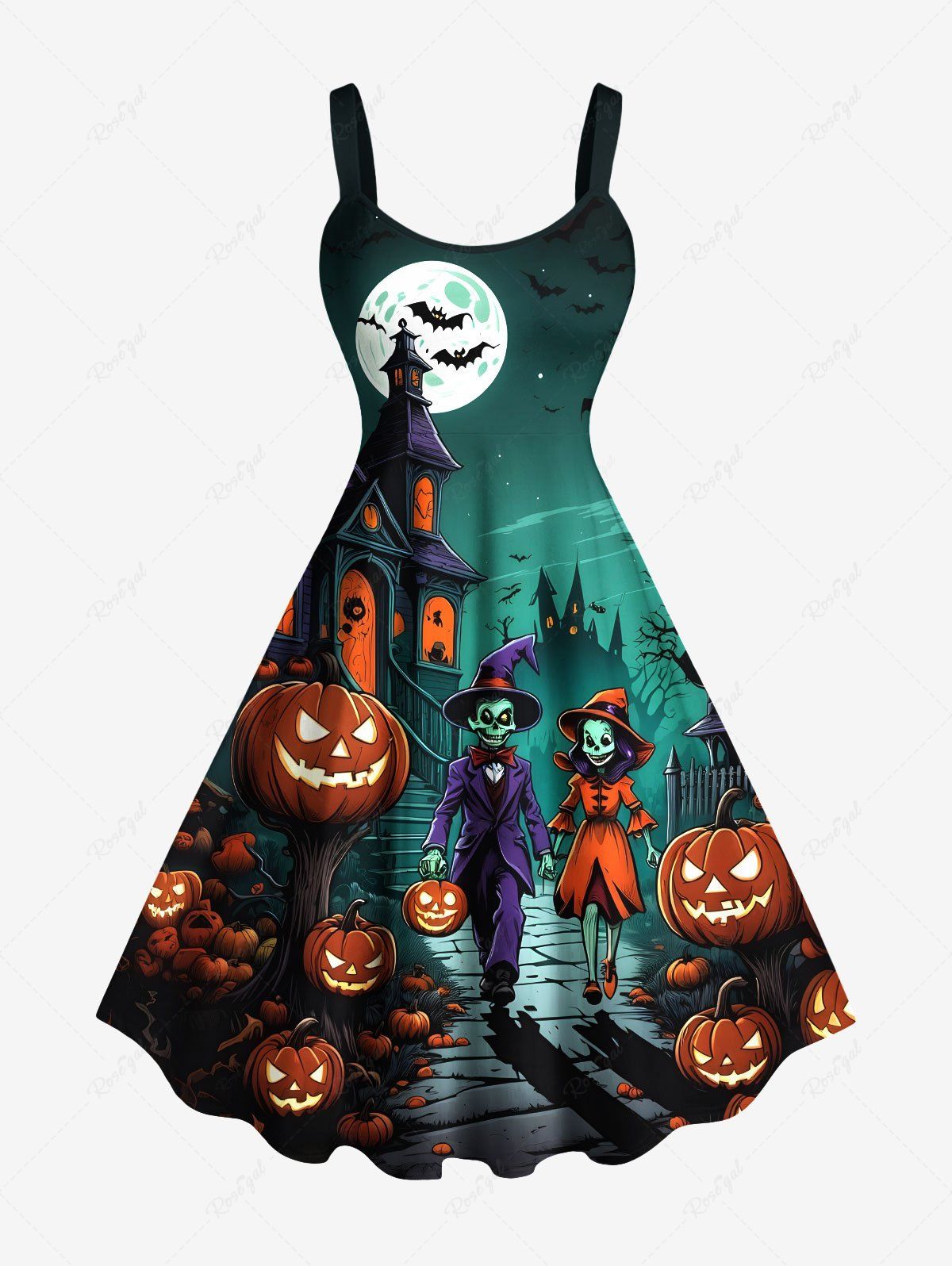 Best Plus Size Halloween Pumpkin Skull Ghost Moon Bat Print Tank Dress  