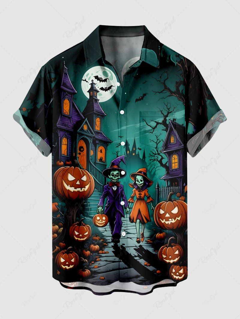 Chemise grande taille à boutons et poches pour homme, motif citrouille, crâne, fantôme, lune, chauve-souris, Halloween Noir 3XL