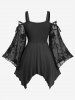 Gothic Star Embroidery Lace Up Flare Sleeves Cold Shoulder Blouse and Flocking Flare Pants Plus Size Outfit -  