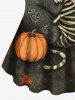 Skeleton Cat Pumpkin Leaf Print Halloween Women T-shirt and Flare Pants Plus Size Matching Set -  