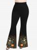 Skeleton Cat Pumpkin Leaf Print Halloween Women T-shirt and Flare Pants Plus Size Matching Set -  