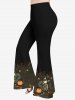 Skeleton Cat Pumpkin Leaf Print Halloween Women T-shirt and Flare Pants Plus Size Matching Set -  